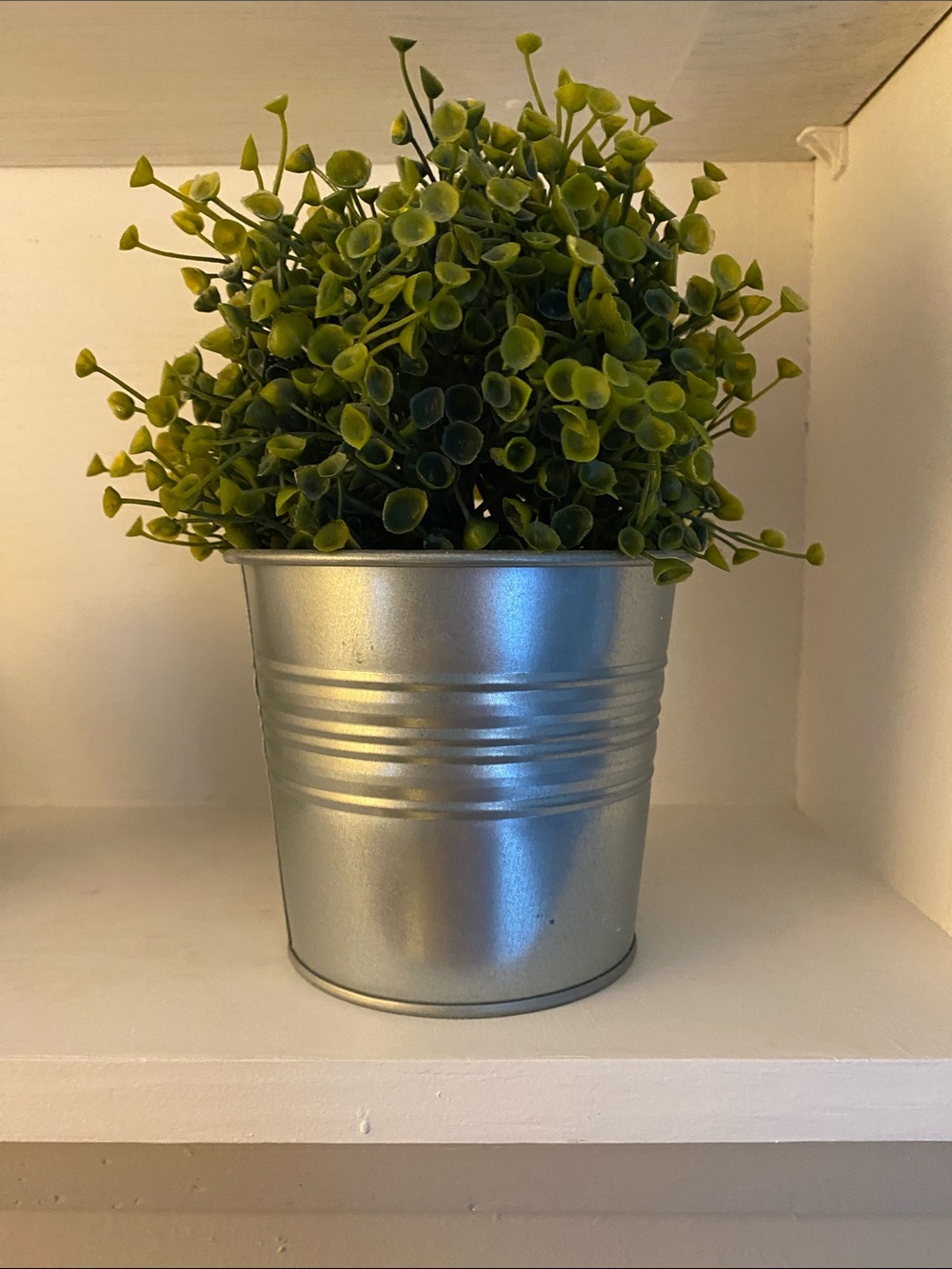 IKEA Silver Metal Planter with Green Faux Foliage and small Vase